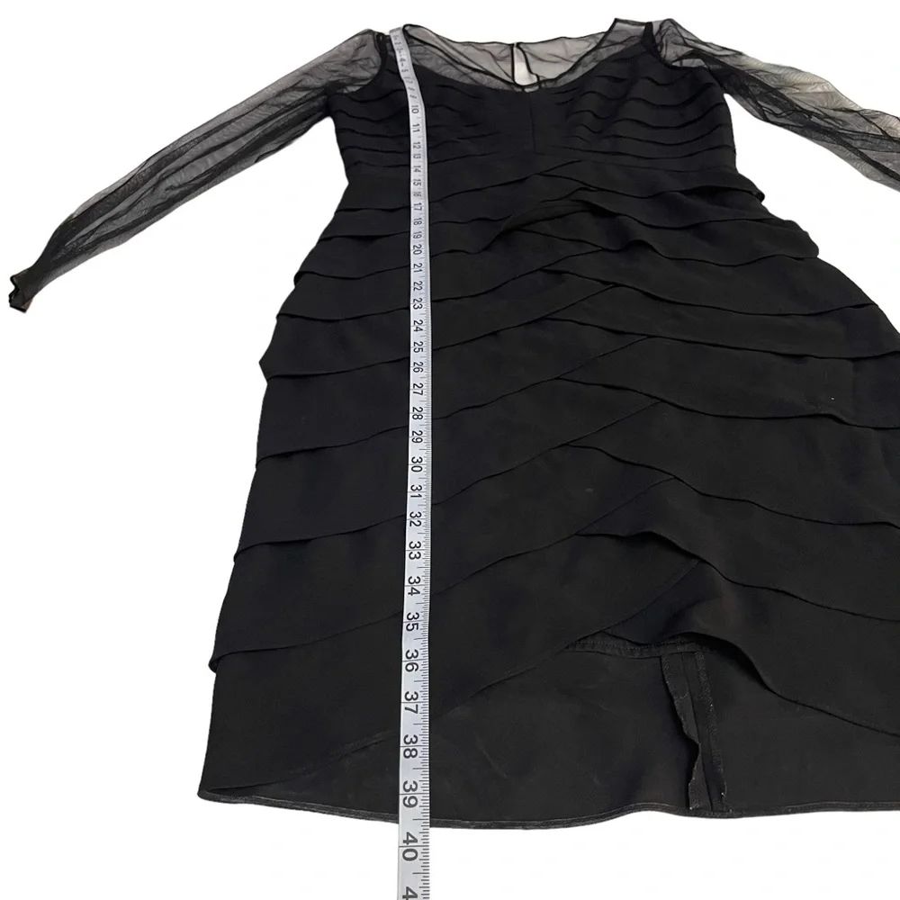 Adrianna Papell Long Sleeve Mesh Tiered Raffled Black Midi Dress Size 8 - Picture 6 of 10